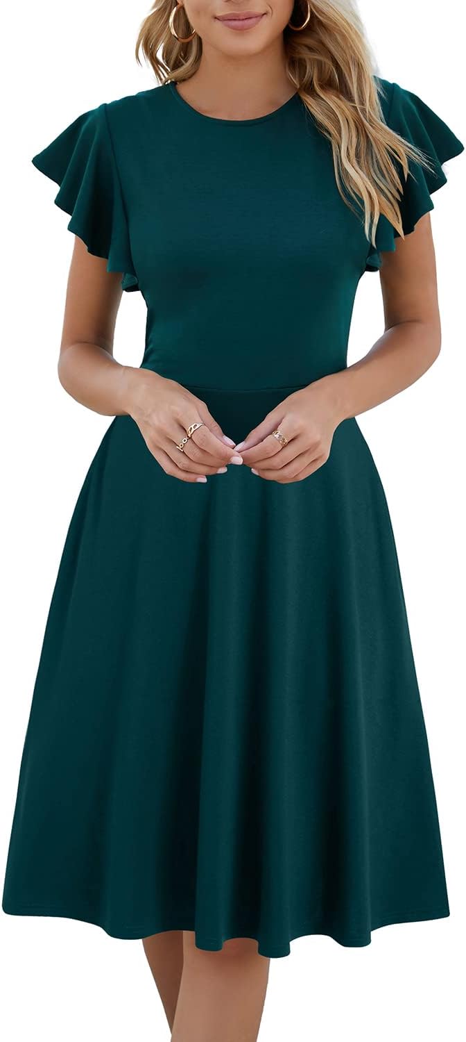 HELYO Women's Semi-Formal Ruffle Sleeves V-Back Work Fit and Flare Cocktail Knee Length Dress with Pockets