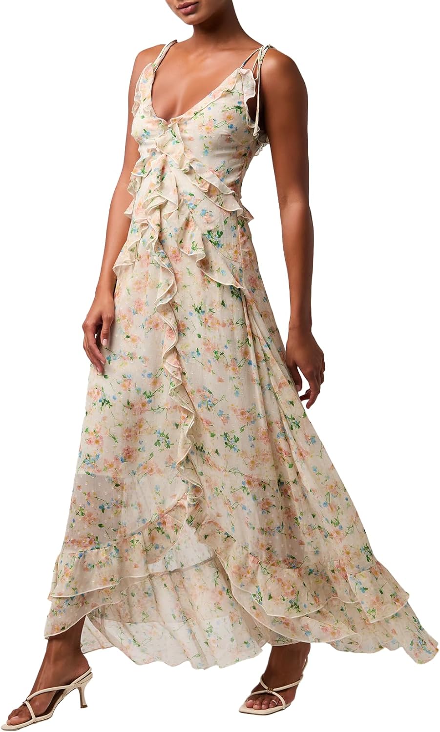 Lulus Jamie Ruffle High Low Maxi Dress – Gauzy Tie Strap Wedding Guest Gown for Women
