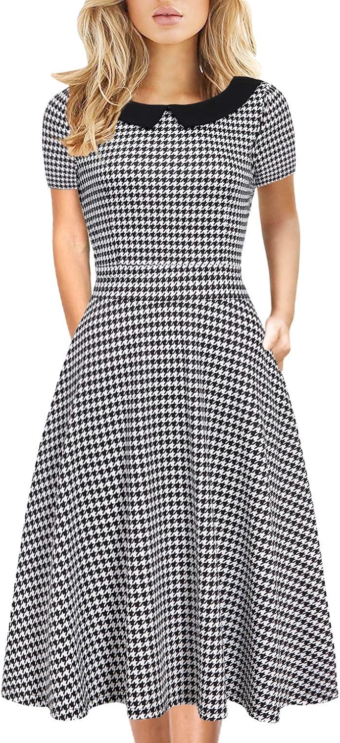 Women's Elegant Vintage Dresses Knee Length Casual Floral Print Work Party Peter Pan Collar A-Line Dress with Pockets