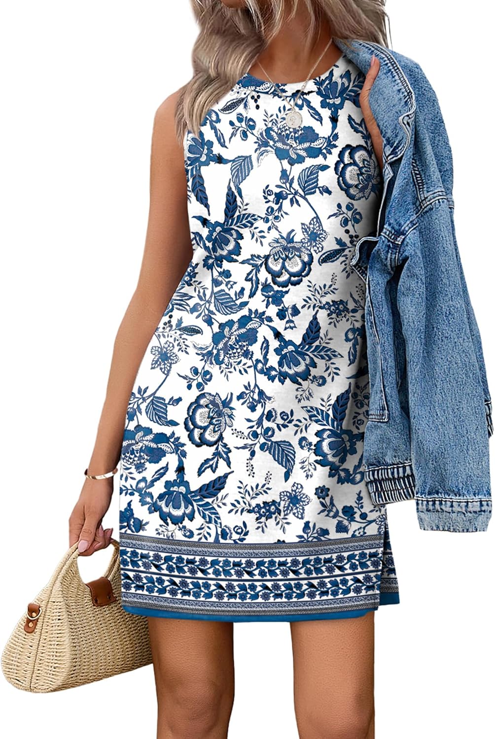 WIHOLL Casual Dresses for Women Crewneck Sleeveless Tank Dress Summer Spring Boho Vacation Clothes